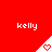 Red background with repeated white text 'kelly' and white triangular shapes containing red pixelated hearts.