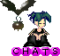 Pixelated character with teal hair in pigtails, black robe, and brown shoulder accents; purple 'CHATS' text below; dark winged pendant above.