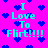Pixelated cyan text "I Love To Flirt!!!" repeats across a bright pink background with scattered blue heart shapes.