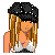 A 4-frame pixel art contact sheet showing a female character in various poses with black and white clothing, plus blue text on a black background.