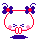 Pixelated doll avatar with white face, red outline, pink cheeks, blue eyes, and purple bow with red center on gray background.