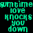 Pixelated text displays 'sumtime love knocks you down' in cyan on black with purple background sections, arranged in a pattern
