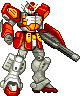 Four pixelated Gundam mecha icons in red and white with orange accents, each holding a large cannon-like weapon.
