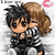 Pixelated anime-style character with brown hair and black-and-white striped shirt, holding a white object near their face, with text overlays changing across frames.
