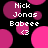 Pixelated icon with black background, pink circles, and white text reading "Nick Jonas Babeee" with a heart symbol.