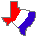 Three pixelated Texas-shaped icons in red, white, and blue with varying color arrangements on a gray background.