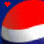 A red and white rounded shape with a blue background, featuring three heart icons in different colors at the top-left corner.