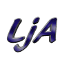 A sequence of 10 3D-rendered 'LjA' text icons in blue and silver, displayed in a with varying orientations and lighting effects