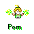 A 4-frame animated contact sheet showing a pixelated cheerleader character with blonde hair and green-and-yellow pom-poms, each frame displaying different pom-pom positions against a white background.