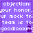 Purple background with white pixelated text reading "objection: your honor, our mock triur team is too goodlooking" in four identical