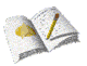 Open book with yellow pencil resting on pages, visible text and a yellow smudge on left page.