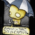 Yellow cartoon character with large white eyes under blue-and-white umbrella, standing on dark gray background holding golden keyboard-like object.
