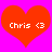 Two identical red heart shapes on a bright pink background, each containing white text 'Chris <3' in a pixelated font.