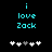 Pixelated cyan text 'i love Zack' on black background with five white and gray plus signs below, two versions showing different sign arrangements.