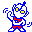 Pixel art character with blue outline, yellow eyes, red bow tie and shorts, performing sequential motion frames against gray background.