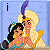 Animated contact sheet of six pixelated frames showing Aladdin and Jasmine in a romantic pose with changing text overlays on a light blue background.