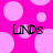 Pink background with light pink circles; two identical black text instances reading "LINDS" on a white circular backdrop.
