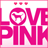 Pixelated pink and white graphic with 'LOVE PINK' text, three small hearts above the 'O', and a circular symbol replacing the 'O'.