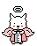 Pixel art of a white cat-like creature with red cheeks, pink wings, and a light blue halo above its head.