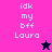 Pixelated text 'idk my bff Laura' on pink and purple backgrounds with a black star icon above the pink section.
