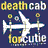 Pixelated static image featuring yellow and white text with a central white stick figure against dark blue background, displaying 'death cab for cutie' in stylized lettering above and below the figure.