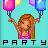 Pixelated 48x48 static icon featuring a cartoon woman with long brown hair holding pink and blue balloons against a teal background, with "PARTY" text at the bottom.