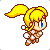 Pixel art character with blonde ponytail in three animation frames showing running motion against gray background