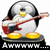 Pixelated penguin plays red electric guitar on stage with yellow footlights, then winks and displays 'EVIL!' text.