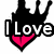 Black silhouette of a crown with pink heart, white text "I Love" and "Micky", red pixelated heart on black background.