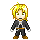 Pixel art character with blonde hair and black jacket, shown in multiple poses with blue electrical effects around hands.