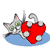 A gray cat with green eyes lies on a blue surface, holding a large red heart with white paw pads visible on its paws.