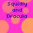 Pixelated text "Squidly and Dracula" on a bright pink background with overlapping orange circles.