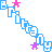Pixelated text and star patterns repeat diagonally across a white background in blue, pink, purple hues with no visible motion changes.