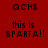 Red background with black text 'QCHS' and 'this is SPARTA!!' in pixelated font, alternating white rectangular overlays on the top and bottom