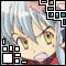 Pixelated anime-style character with silver hair and yellow eyes, wearing red clothing, surrounded by changing colored square patterns.