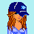 A 3x3 contact sheet of an animated AIM buddy icon featuring a pixelated cartoon woman with long orange hair wearing a blue baseball cap and shirt, showing different body parts across frames against a light blue background.