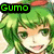 Pixelated image of a character with green hair and a black banner displaying 'GUMO' in green text.