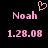 Pixelated pink text and symbols on black background, showing 'Noah' with date '1.28.08', one instance has a heart symbol above the name.