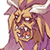 Pixelated cartoon character with exaggerated facial features, blonde hair, and purple clothing against a white background.