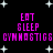 Black background with white star shapes; pink text reading EAT SLEEP GYMNASTICS repeated in two , each containing four identical copies of the phrase