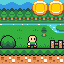 Pixel art scene with two identical characters on grassy platforms, coins above and below, trees, water, and brown blocks in a side-scrolling game environment.