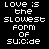 A 4x4 contact sheet of a pixel art animation showing the phrase "LOVE IS THE SLOWEST FORM OF SUICIDE" in alternating white and red text on black background, with visible frame-by-frame color changes between frames.