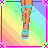 A 4x4 contact sheet of pixel art frames showing a cartoon woman in blue swimwear with braided hair, alongside text fragments "make it vibrate" on rainbow striped backgrounds.