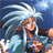 Pixelated anime character with spiky white hair and blue clothing against a blue background, next to black with white text