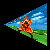 Pixelated triangular icon shows a figure in red and orange clothing against a blue sky and green field background.
