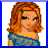 Pixelated cartoon-style buddy icon featuring a red-haired woman with green eyes and a small green hair accessory, displayed in a 2x2 contact sheet layout with text panels on the right and bottom.