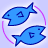 Two blue fish with dark blue outlines swim in a circular pattern around a pink dotted arc on a light purple background.