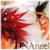 Anime-style character with spiky red hair and orange skin holding a black feather, with 'DNAngel' text at the bottom.