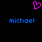 A static pixel art image with a black background, featuring two blue 'michael' text labels and one pink heart symbol above them.