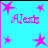 A static icon with a cyan background, pink text reading 'Alexis', and scattered pink star shapes in various sizes.